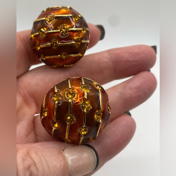 Blanca Enamel and Rhinestone Gold Tone Clip On Statement Earrings Rare Vintage